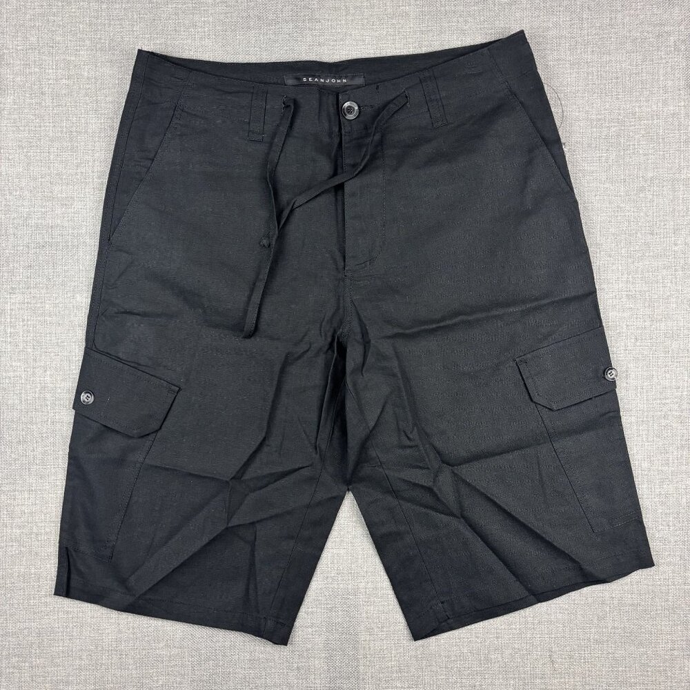 Sean John Mens Black Cargo Shorts Size 32 Linen & Cotton Blend Button